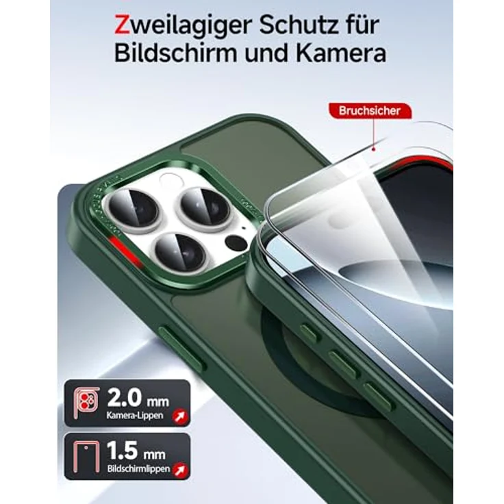LeYi für iPhone 16 Pro Hülle mit MagSafe, 360° Militärschutz, Stoßfest, Anti-Rutsch, Kratzfest, Dünn, inklusive 2 Schutzglas, Grün – Bild 4