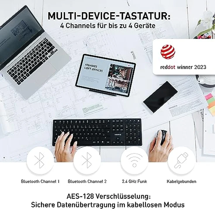 CHERRY KW X ULP, Ultra Flache Mechanische High-End-Tastatur, Schweizerisches Layout (QWERTZ), Kabellose Multi-Device-Tastatur Für Bis Zu 4 Geräte, Wiederaufladbar, Schwarz – Bild 2