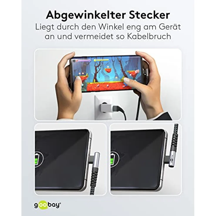 goobay 64655 USB C auf USB A Kabel mit 90 Grad Winkel/Handykabel 480 Mbits/USB C Schnellladekabel 60W & 20V / Textilkabel Grau 0,5m – Bild 5