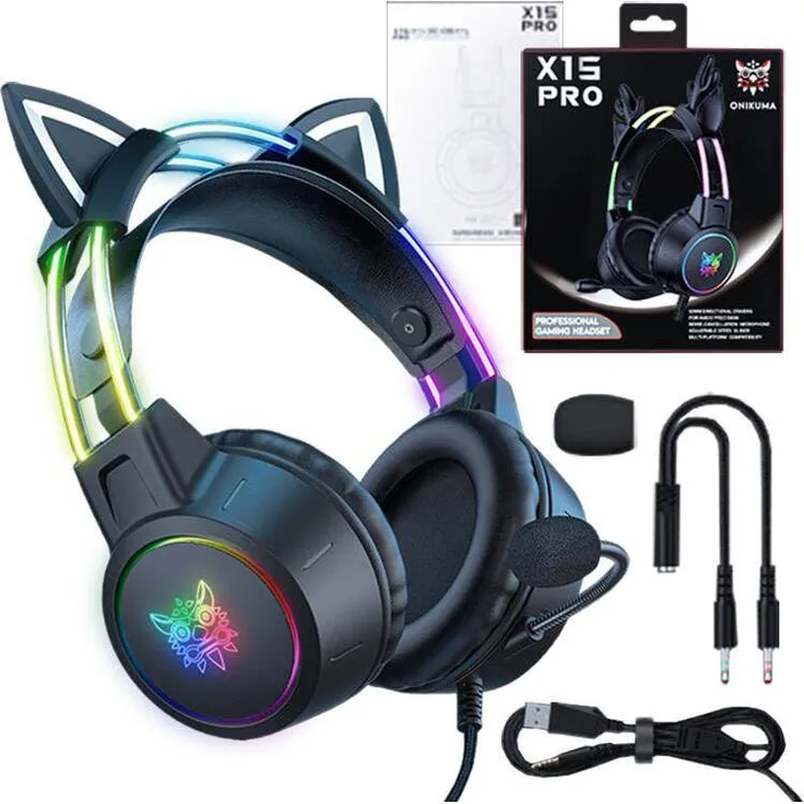 Onikuma X15 Pro Cat, Kabelgebundenes Gaming Headset mit RGB-Hintergrundbeleuchtung und ergonomischem Design, Schwarz