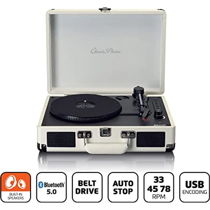 Lenco Classic Phono TT-115 Plattenspieler - Kofferplattenspieler - Bluetooth - USB - 3 Geschwindigkeiten - Direktaufnahme auf USB ohne PC - Riemenantrieb - creme – Bild 2