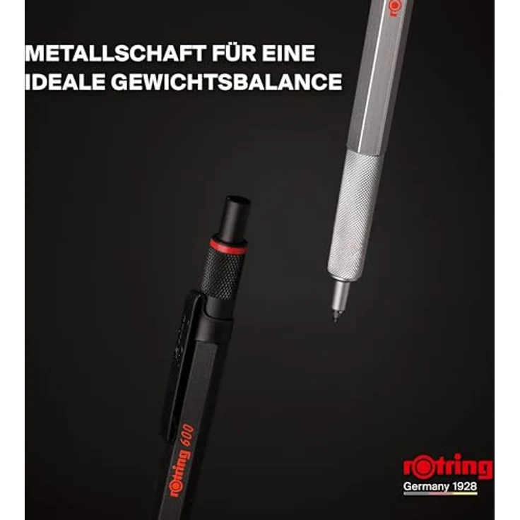 rOtring 600 Gelschreiber, 0,55 mm, nachfüllbar, schwarze Tinte, Silberfarben, Metallschaft, rutschfeste Griffzone, Sechskantschaft – Bild 3