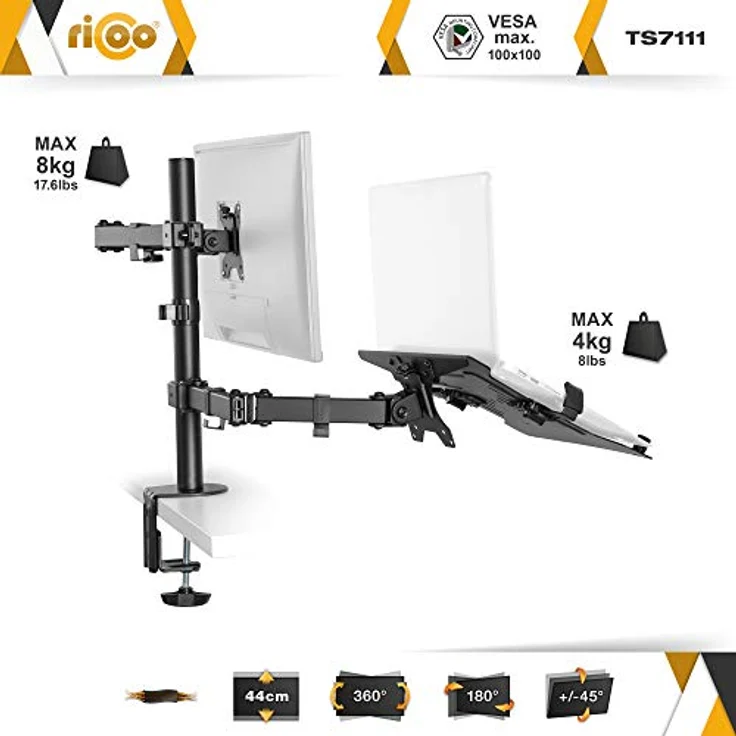 RICOO Monitorhalterung mit Laptop Arm Monitor Halterung Tisch Höhenverstellbar für 13-29 Zoll VESA Tischhalterung TS7111 Monitorarm Bildschirmhalterung Bildschirm Halter Arme für Computermonitore – Bild 2