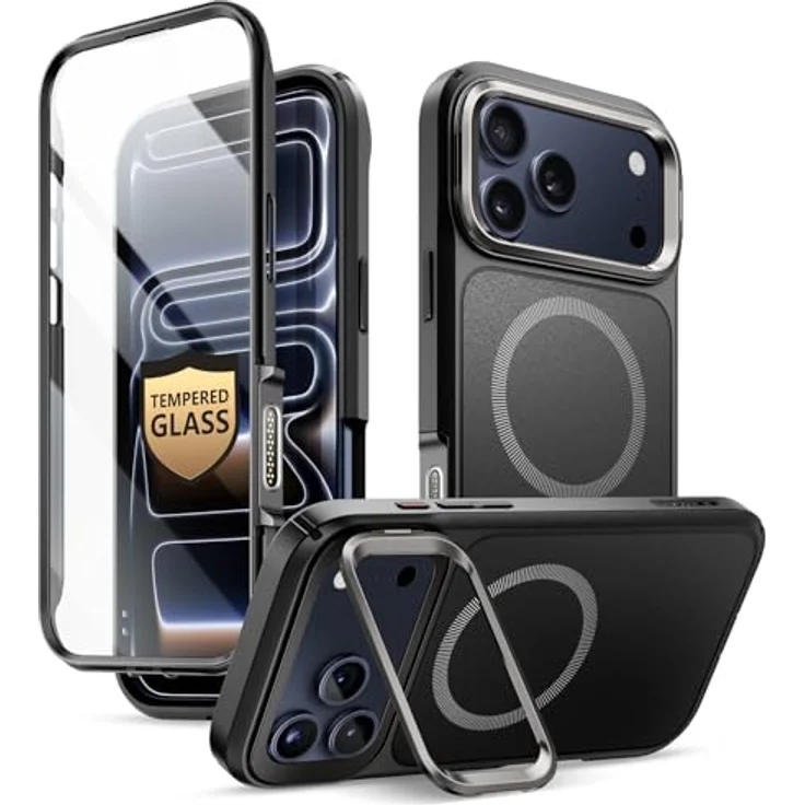 i-Blason iPhone 17 Pro Hülle MagSafe mit Ständer, 9H Displayschutz, Kamera-Steuertaste, robustes Bumper Case, magnetische Schutzhülle, 6,3 Zoll, Schwarz – Bild 1