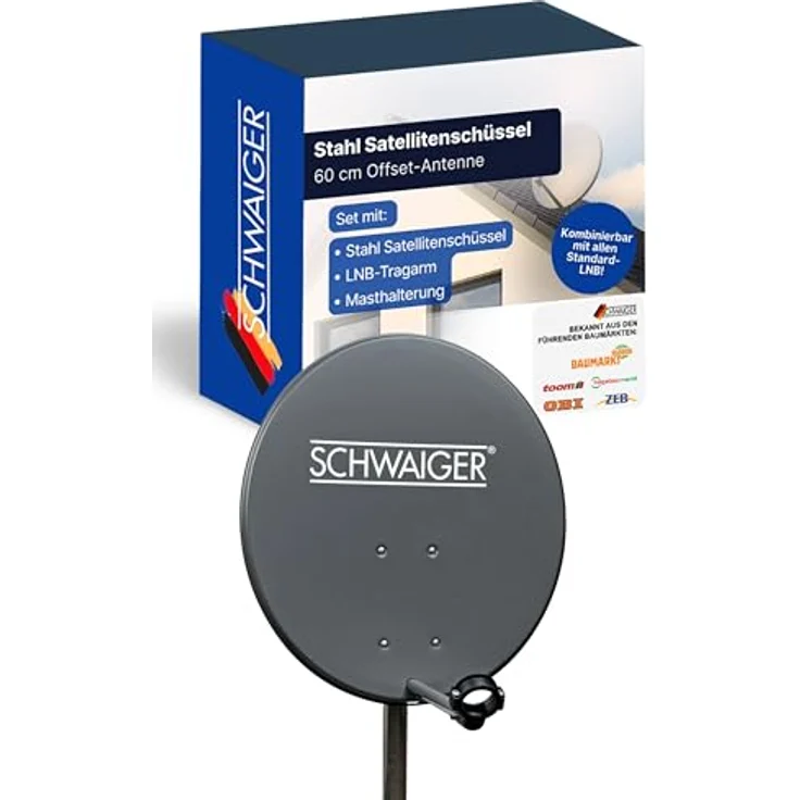 SCHWAIGER Satellitenschüssel Ø 55 cm, anthrazit, Stahl Offset Antenne mit 35,2 dB Empfangsleistung, wetterfest, Multifeed geeignet, LNB Tragarm & Masthalterung – Bild 1