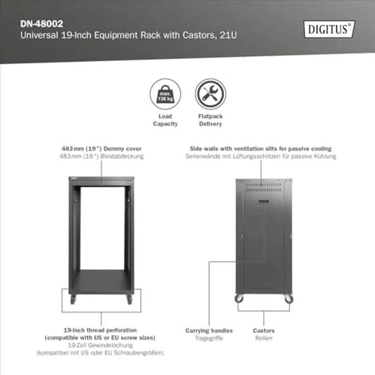 DIGITUS Universal 19-Zoll Equipment Rack - 21HE - unmontiert - Audio-Video-Zubehör - Audio-Rack - Traglast 136 kg - mit Rollen - schwarz - Preisvergleich – Bild 2