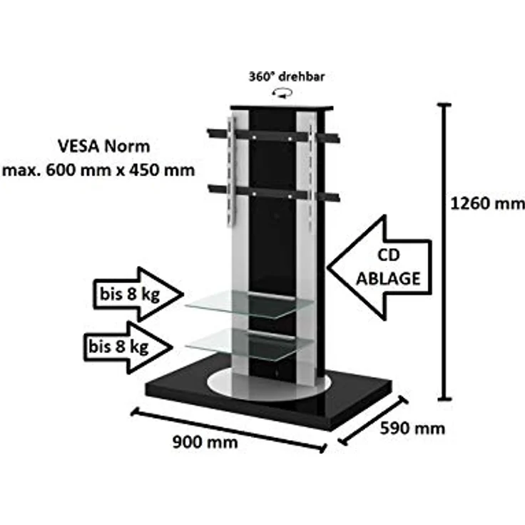 designimpex Design TV Schrank Roma H-777nw, Schwarz Hochglanz, 360° drehbar, TV Möbel für 32-65 Zoll LCD/Plasma bis 40 kg inkl. TV-Halterung – Bild 4