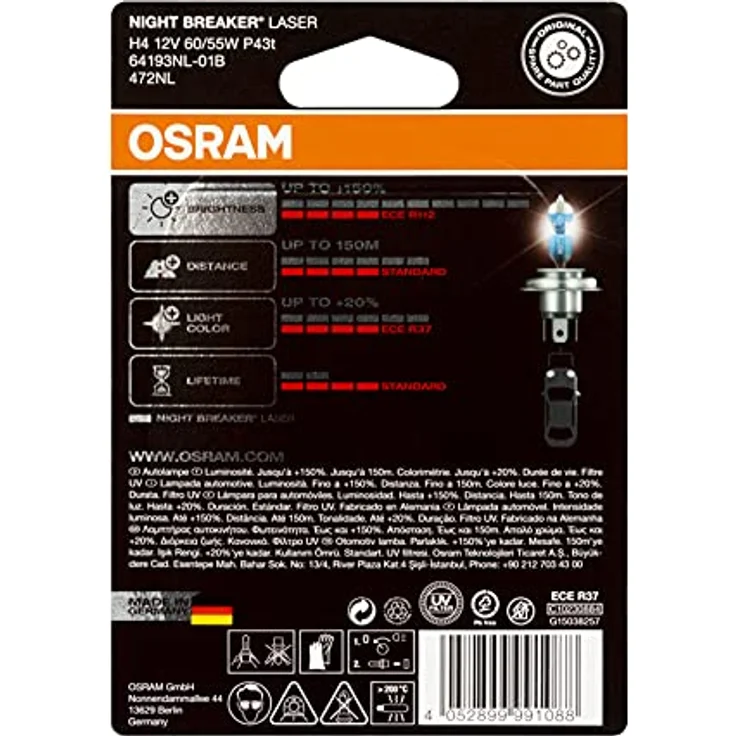 Osram Auto 64193NL-01B Halogen Leuchtmittel Night Breaker Laser Next Generation H4 60-55W 12V - Preisvergleich – Bild 3