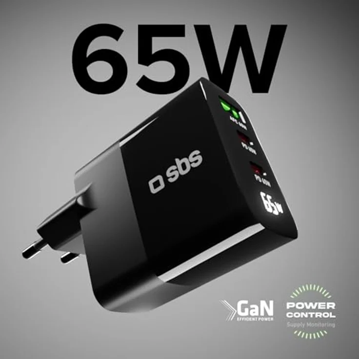 SBS 65-Watt-Ladegerät mit LCD-Display, Power Delivery-Technologie, EU-Wandsteckdose, schwarz – Bild 2