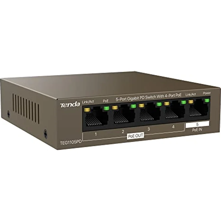 Tenda TEG1105PD, Gigabit Ethernet Switch (10/100/1000) mit 5 Ports und Power over Ethernet, Braun – Bild 3