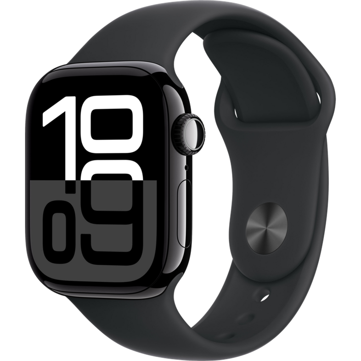 Apple Watch Series 10, 42 mm, GPS + Cellular, Aluminiumgehäuse Diamantschwarz, Sportarmband Schwarz, S/M – Bild 1