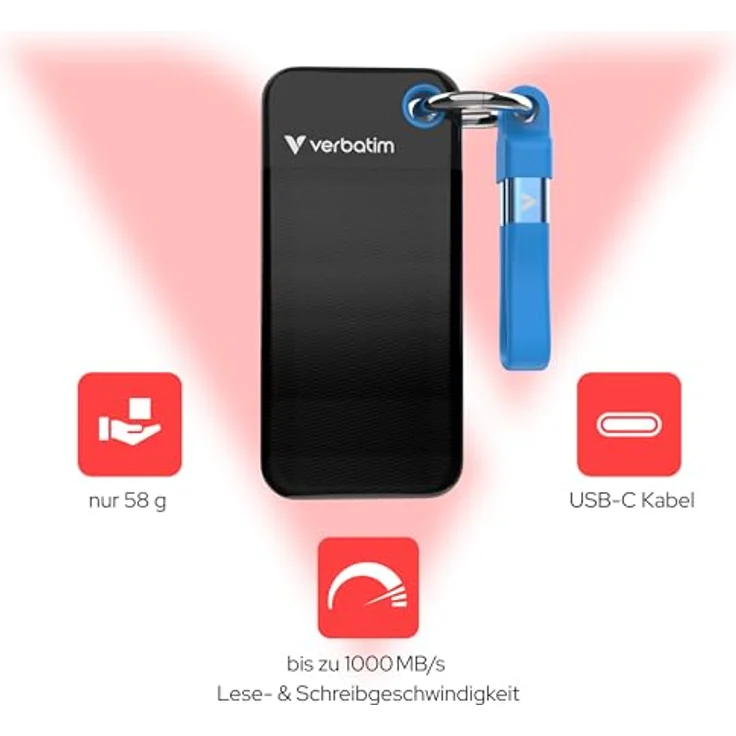 Verbatim Pocket SSD, 256 GB, USB Typ-C, 3.2 Gen 2, 10000 MB/s, schwarz-blau – Bild 3