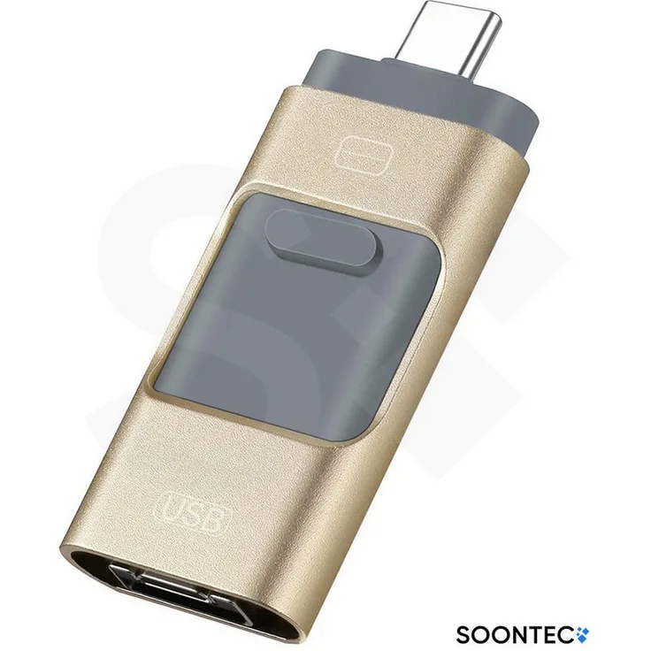 SOONTEC 3.0 USB-Stick 3 in 1 MICRO USB / USB / Lightning, 256GB, Lesegeschwindigkeit 80 MB/s, Gold