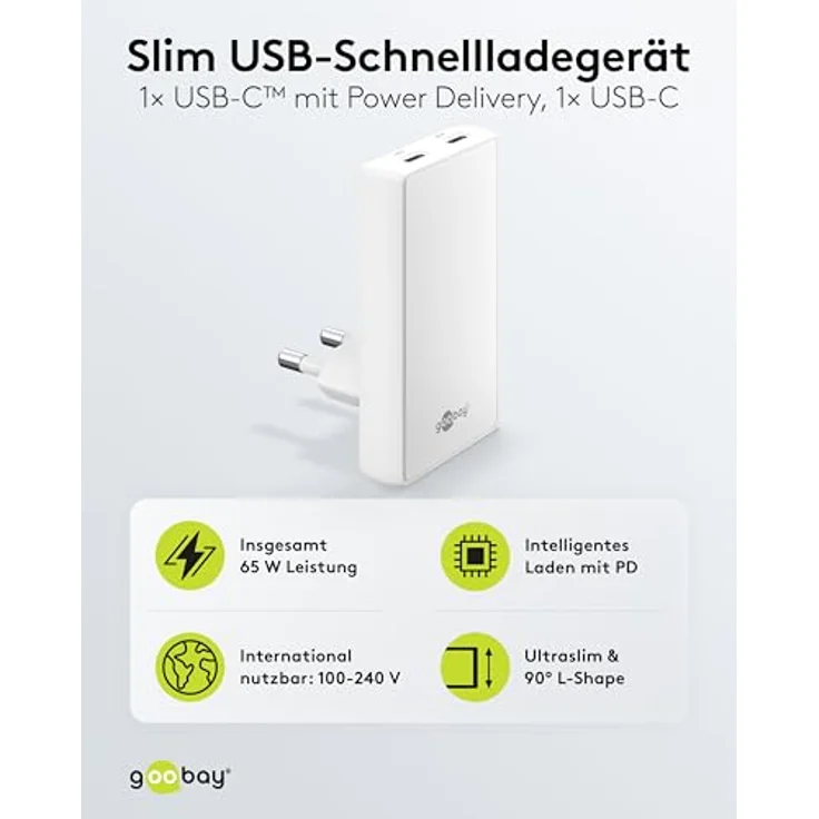 goobay 65W Flaches GaN USB C Ladegerät, Dual-Port (2X USB-C) Schnellladegerät mit 90° Flat Design, ultraflach & platzsparend, für Apple, Samsung, Huawei, Weiß – 75726 – Bild 2