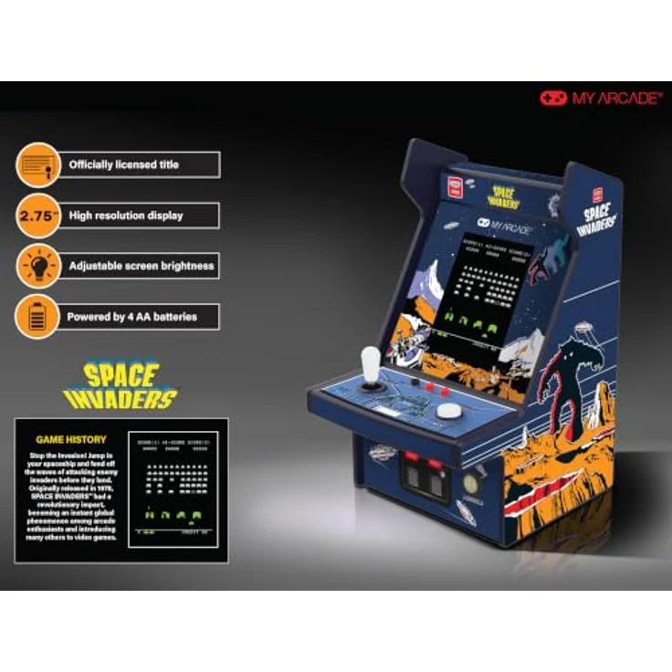 My Arcade SPACE INVADERS MICRO PLAYER PRO, Retro-Arcade-Automat mit 2.75" Vollfarb-Hochformat-Display, integriertem Lautsprecher und Kopfhöreranschluss – Bild 3