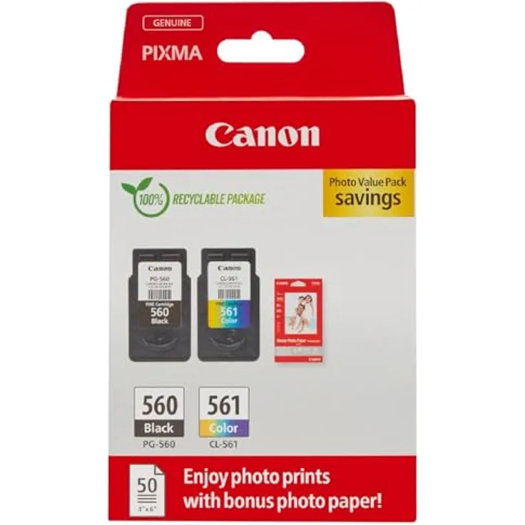 Canon PG-560/CL-561 Druckerpatrone, 7,5 ml Schwarz & 8,3 ml Farbe (M, C, Y) mit 50 Blatt GP-501 Fotoglanzpapier