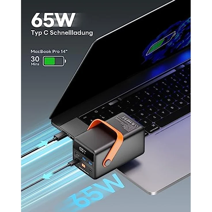 Powerbank PD 65W 50000mAh USB C Externer Akku Tragbare Powerstation mit LED Display Schnellladung für Laptop MacBook Tablet Handy Samsung für Reise, Camping, Outdoor– Schwarz – Bild 2