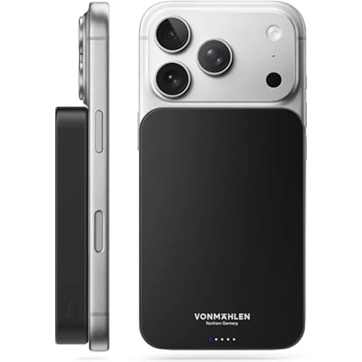 VONMÄHLEN Evergreen Mag 10.000 mAh Qi2-Powerbank – kabelloses 15W Laden, MagSafe-kompatibel, 20W USB-C Power Delivery, nur 14,3 mm dünn – Schwarz – Bild 1