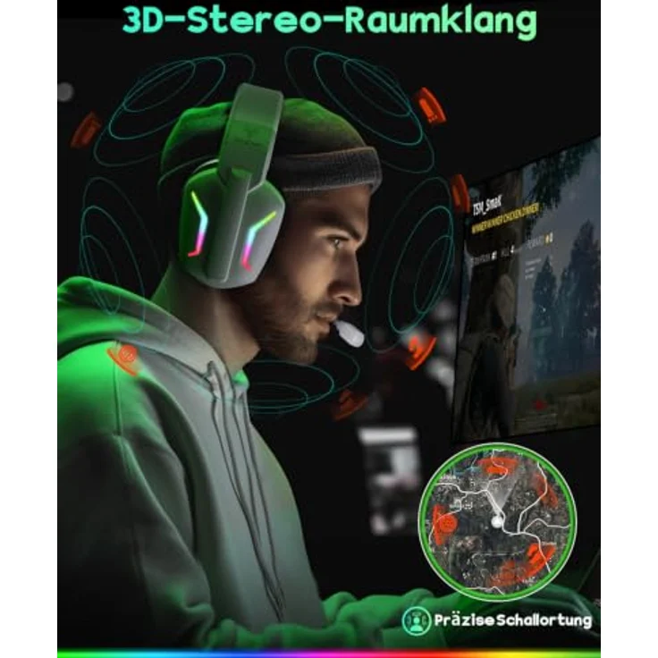 WESEARY Gaming Headset Wireless mit Mikrofon, 60 Stunden Akkulaufzeit, Stereo-Sound, RGB-Beleuchtung für PS5 PS4 PC Switch Mac – Bild 2