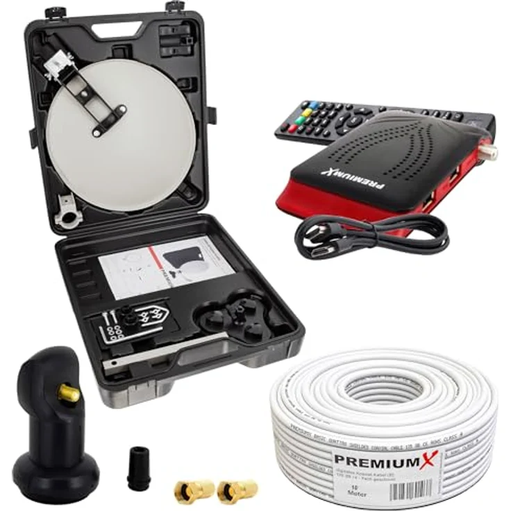 Premium X Camping SAT Anlage HD TV Satelliten Receiver Single LNB 10m Kabel 2X F-Stecker kompakt im Koffer Camp Zubehör, wettergeschütztes LNB mit 0,1 dB Rauschmaß, 4K und 3D Unterstützung, 4-fache Alu Abschirmung, Saugfuß für einfache Montage – Bild 1