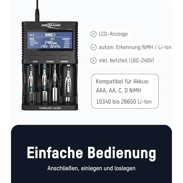 ANSMANN Akku-Ladegerät für AA-AAA-C-D NiMH Akkus & Li-Ion 18650-26650 Batterieladegerät mit 4 Ladeprogrammen: Laden, Entladen, Testen, Schnellladen + USB - Powerline 4 Ultra Akkupflegestation – Bild 3