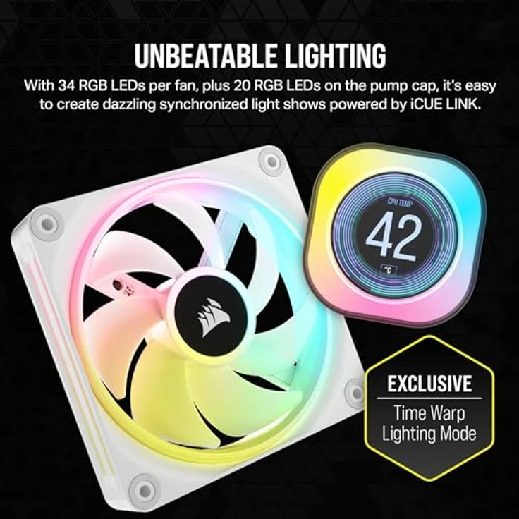 CORSAIR iCUE LINK H150i LCD-Flüssig-CPU-Kühler - 360mm AIO - QX120 RGB-Lüfter - 2,1" IPS-LCD-Bildschirm - Passend Für Intel LGA 1700, AMD AM5 - iCUE LINK System Hub im Lieferumfang Enthalten - Weiß – Bild 5