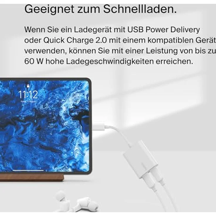 Belkin RockStar USB-C Audio + Charge Adapter, 2-in-1 Audio- und Ladeadapter mit 60W Power Delivery, 24 pin USB-C männlich zu weiblich, 14 m, weiß – Bild 3