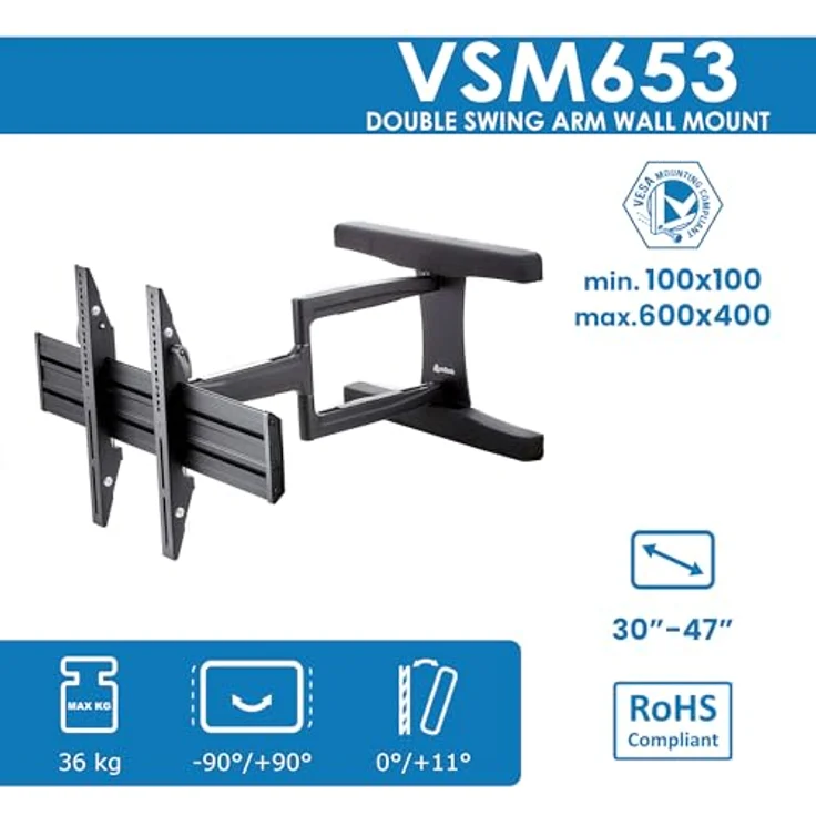 EDBAK Wandhalterung Fernseher Schwenkbar, Neigbar, für 49-65 Zoll, max. VESA 600x400 mm, bis 36 kg, Universal TV Halterung, Fernsehhalterung – Bild 2
