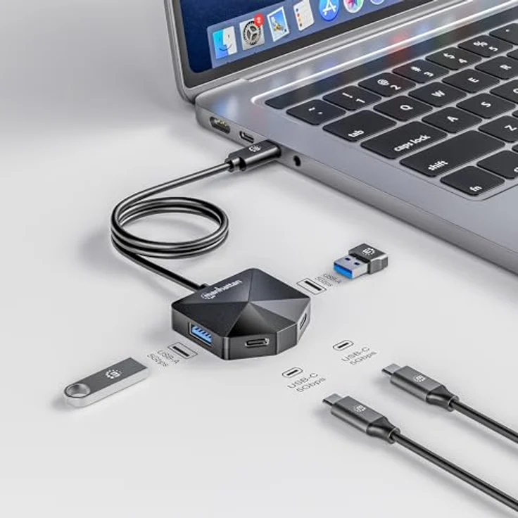Manhattan 4-Port USB Hub, USB-C Stecker mit 2xUSB-C und 2xUSB-A, 5 Gbit/s Übertragungsrate, tragbar und kompatibel mit Windows/macOS/Linux/Chrome OS – Bild 2