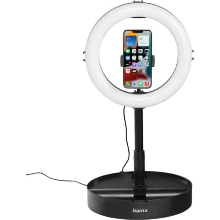 Hama LED Ringlicht mit Stativ Handy faltbar (10,2“ Ringleuchte, 26,5 cm Durchmesser, Tisch Stativ für die Kamera, ausziehbar bis 138 cm, dimmbares LED Tischringlicht, zum Einklappen) schwarz – Bild 2