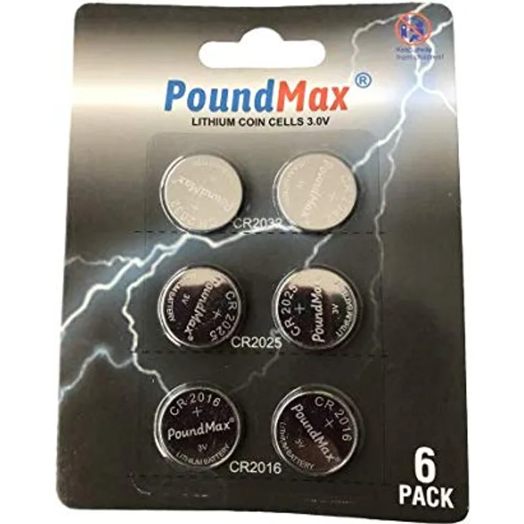 PoundMax Lithium-Knopfzellenbatterie, Super Mixed CR2032 CR2025 CR2016, 3 V, 6 Stück