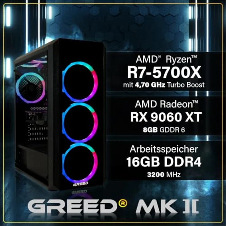 Greed® MK2 - High End Gaming PC - AMD Ryzen 7 5700X, AMD Radeon RX 9060 XT (8GB), 4,6 GHz, 4K, 16 GB RAM, 1 TB SSD, Win 11 Pro – Bild 3