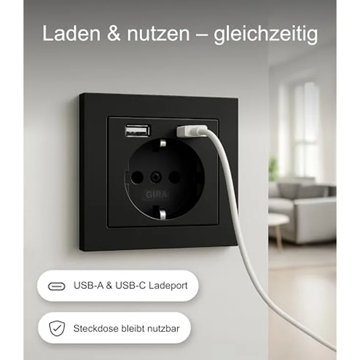 Gira 2459005 SchukoSteckdose USB-Anschluss Shutter Berührungsschutz 2-fach Typ A(max.2,4A) Typ C(max.3A) System 55 Schwarz matt UP Unterputz Schutzkontaktsteckdose Wandsteckdose Smartphone Tablet 32mm – Bild 3