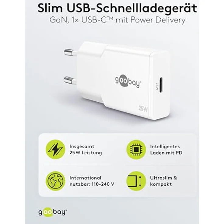 goobay USB C Ladegerät Slim 25W, Weiß - Adapter mit GaN-Technologie, Power Delivery, kompaktes Schnellladegerät für Smartphone, Tablet und Smartwatch, kompatibel mit Apple und Samsung – Bild 3
