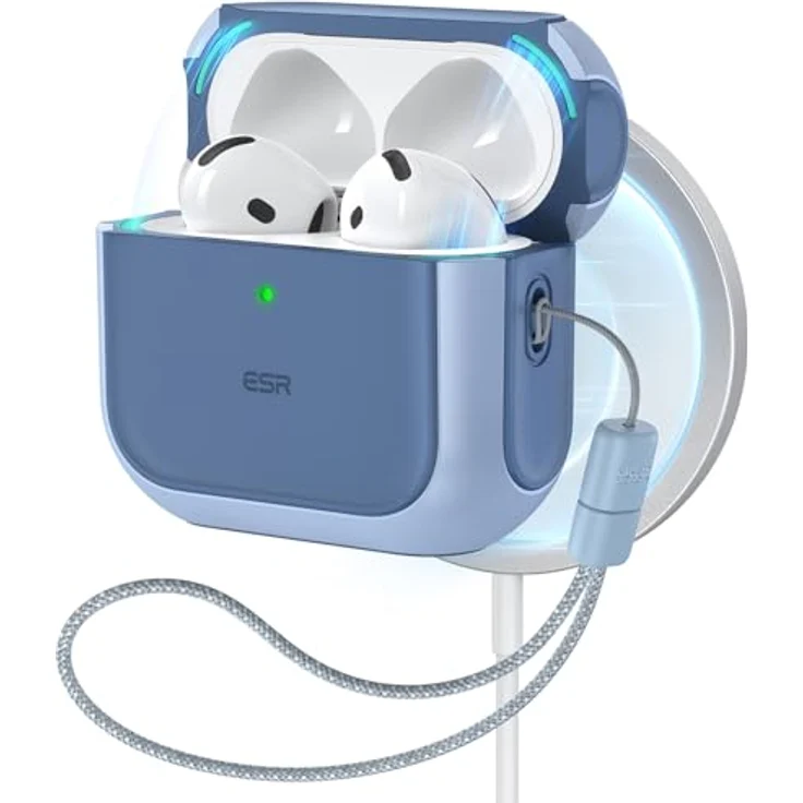 ESR AirPods 4 Hülle, kompatibel mit AirPods 4 Gen (2024) (USB-C), Hybrid Schutzhülle mit kabellosem Laden, Handschlaufe, magnetischem Deckel, Blau – Bild 1