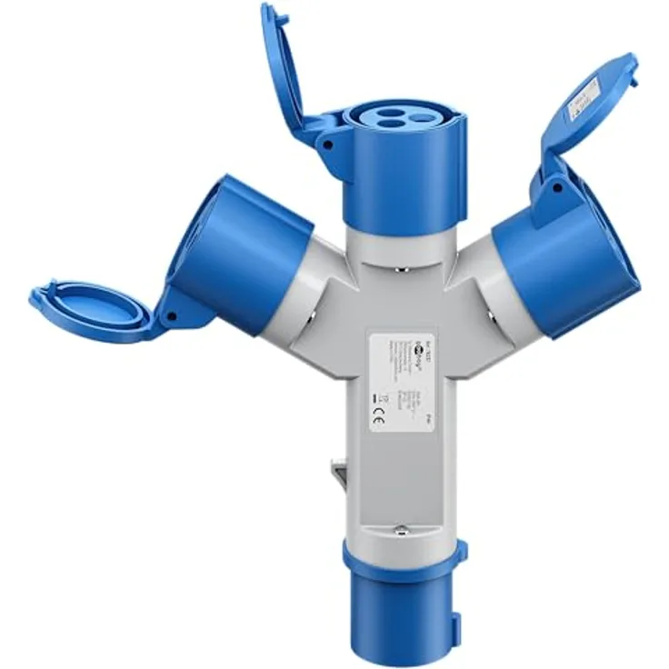 goobay CEE-Adapter 76237, CEE-Stecker auf 3 x CEE-Buchse, wasserdicht IP44, tragbar mit Schutzabdeckung für Wohnwagen und Wohnmobile