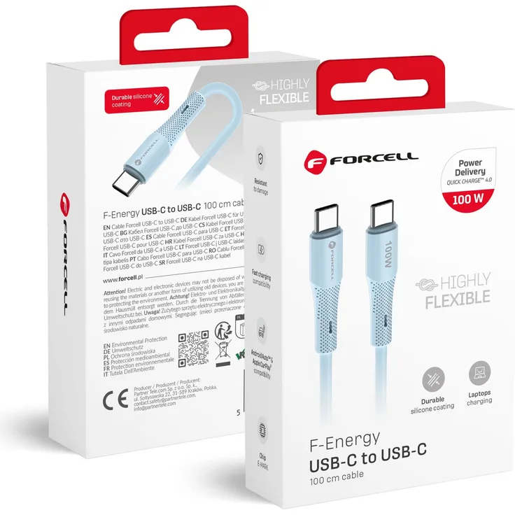 Forcell USB C Kabel C347, 100W PD 5A Schnellladekabel aus Silikon, 1m, QC4.0, blau