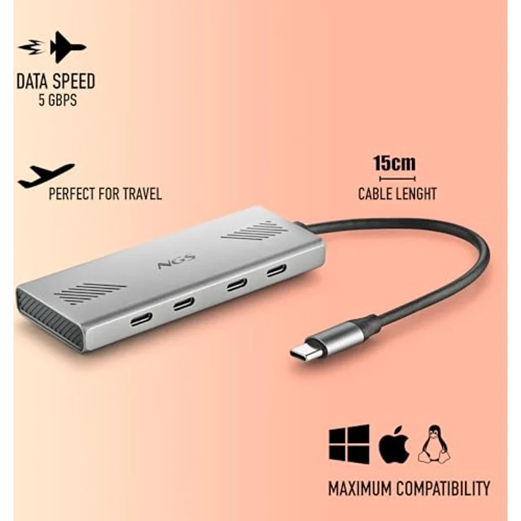 NGS Wonder4-C USB-C Multiport-Adapter 4-in-1 Hub mit 4 USB 3.0-Anschlüssen, 5 Gbit/s, Aluminiumgehäuse, 180 mm Kabel, tragbar – Bild 4