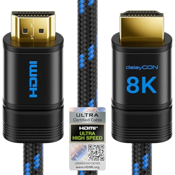 deleyCON 8K HDMI 2.1b Kabel, 3,0m (48G, ULTRA Highspeed), 8K@60Hz, 4K@120Hz, eARC, HDCP 2.3/2.2, Schwarz, für PS5, Xbox, Dolby Atmos, Gaming