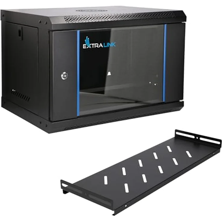 Extralink Serverschrank 19 Zoll 6HE, Netzwerkschrank mit 400mm Tiefe, Wand- oder Standmontage, Traglast 60 kg, 180° Öffnung, schwarz, inkl. praktische Regale für Heimnetzwerk & IT-Geräte – Bild 1