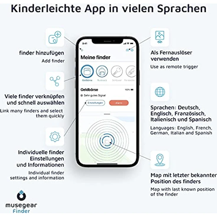 musegear Schlüsselfinder Recharge - schwarz, aufladbar mit Bluetooth App aus Deutschland, maximaler Datenschutz, für iOS & Android, Schlüssel finden – Bild 5
