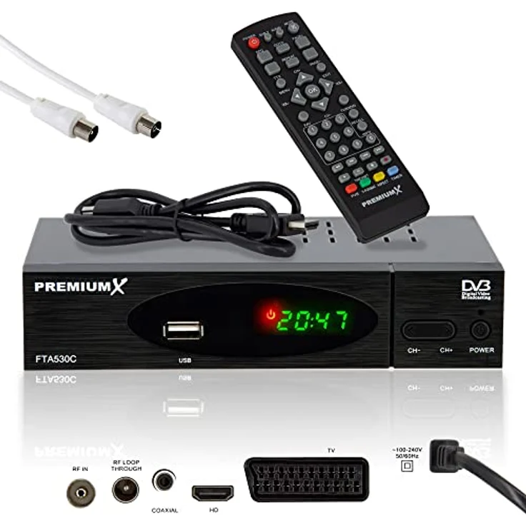 PremiumX FTA 530C DVB-C Kabel Receiver mit USB, HDMI, SCART und 1m Antennenkabel, weiß – Bild 1