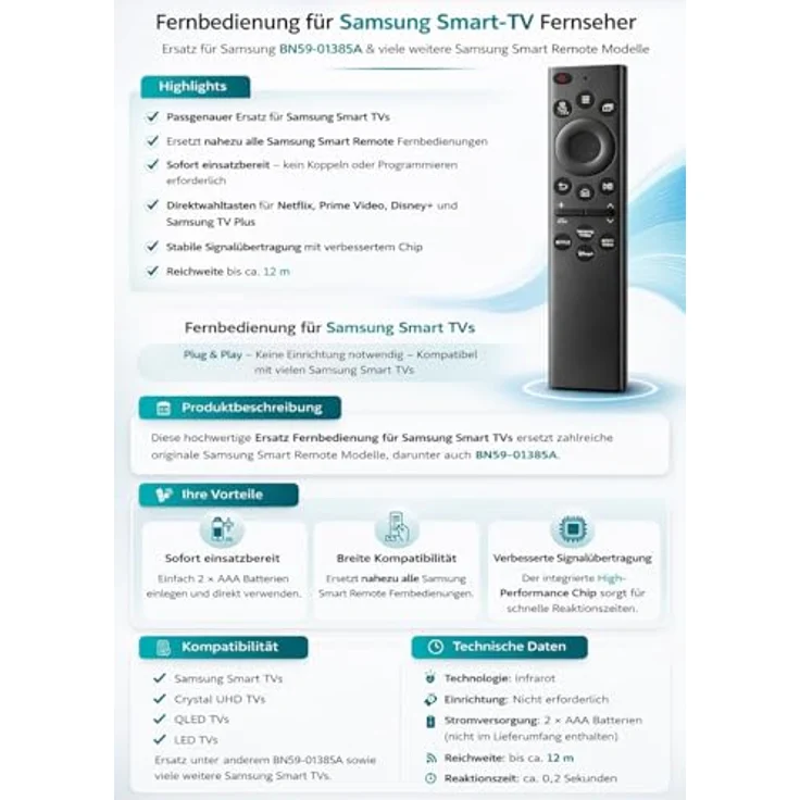 Mycotech Fernbedienung für Samsung Smart TV, Ersatzmodell BN59-01385A, sofort einsatzbereit, verbessert Signalübertragung, direktwahltasten für Netflix und mehr – Bild 3
