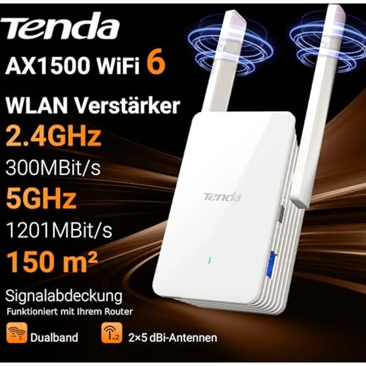 Tenda WiFi 6 WLAN Verstärker Repeater AX1500 A23, Dual-Band bis zu 1201 Mbit/s, Gigabit-LAN-Port, Abdeckung bis 150 m², kompatibel mit gängigen Routern – Bild 2