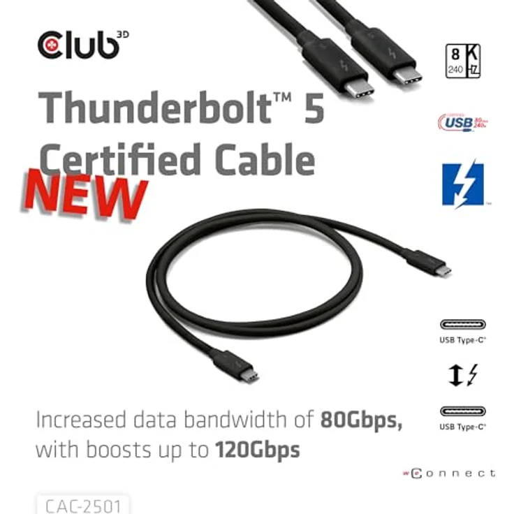 Club 3D Club3D Thunderbolt 5 Kabel, 1 m, 8K bei 240 Hz, 120 Gbps, USB 4.0, 240 W, zertifiziert – Bild 2