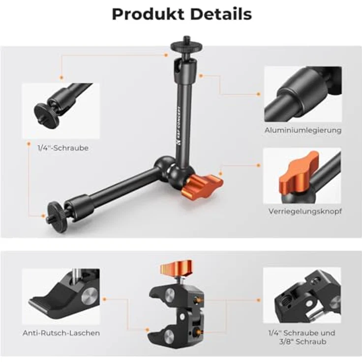 K&F CONCEPT 9,8 Zoll Magic Arm mit Super Clamp, Kamera Halterung für Käfig, Monitor und LED Licht, 2 KG Belastung, Aluminiumlegierung – Bild 2