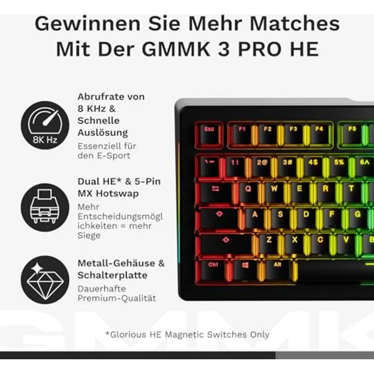 Glorious GMMK 3 Pro HE Wireless 75 % Gaming-Tastatur, ANSI (US), Fox HE Switches, kabellos, schwarz – Bild 4