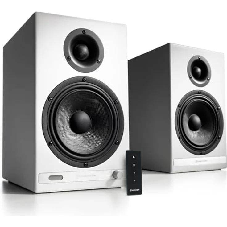 Audioengine HD6 Wireless Speakers, 150W Bluetooth Regal-Lautsprecher mit 24-Bit DAC, AUX, Optical, RCA, weiße Holzoptik, Paar
