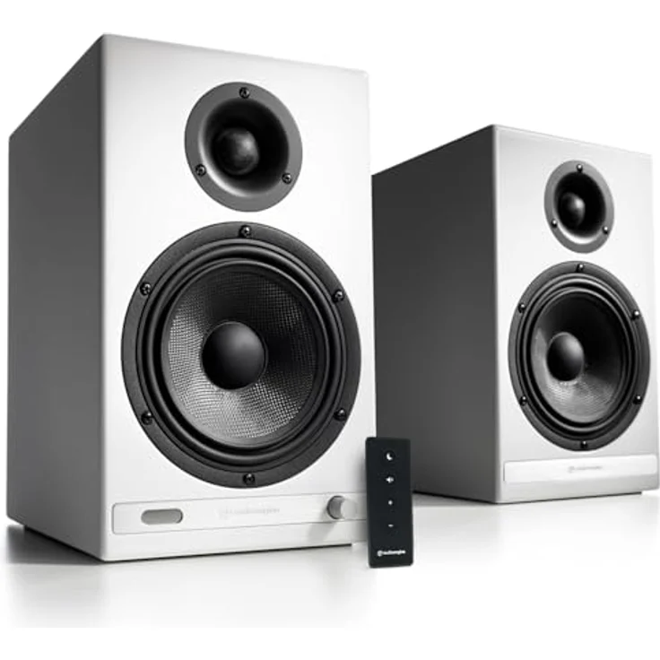 Audioengine HD6 Wireless Speakers, 150W Bluetooth Regal-Lautsprecher mit 24-Bit DAC, AUX, Optical, RCA, weiße Holzoptik, Paar – Bild 1
