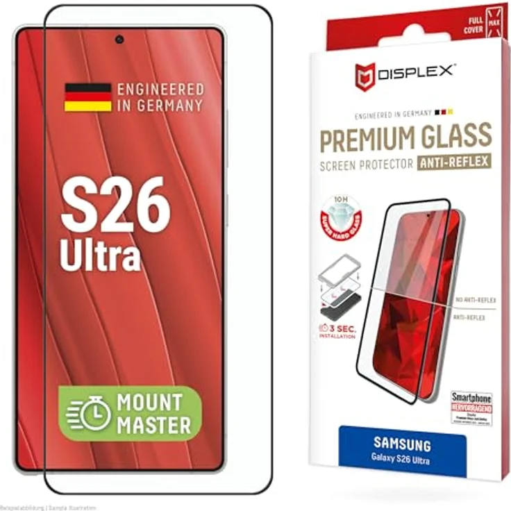 Displex Real Glass MountMaster für Samsung Galaxy S26 Ultra, Premium Anti-Reflex Displayschutzfolie mit 10H Kratzfestigkeit, Blasenfreier Installation und High-Tech Anti-Fingerprint-Coating – Bild 1